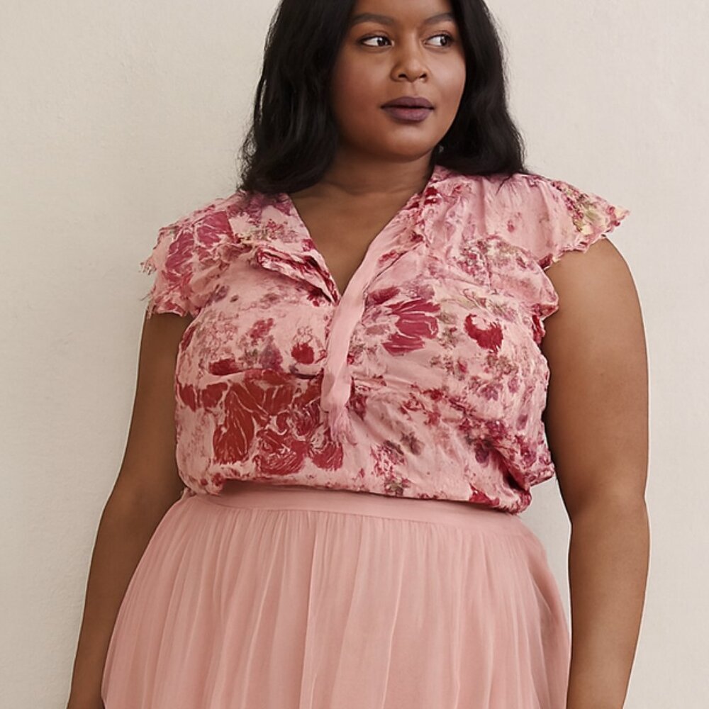 Y2K Fairy Whimsy Blouse Womens 3X Pink Floral Silk Sheer Flutter Sleeve Boho